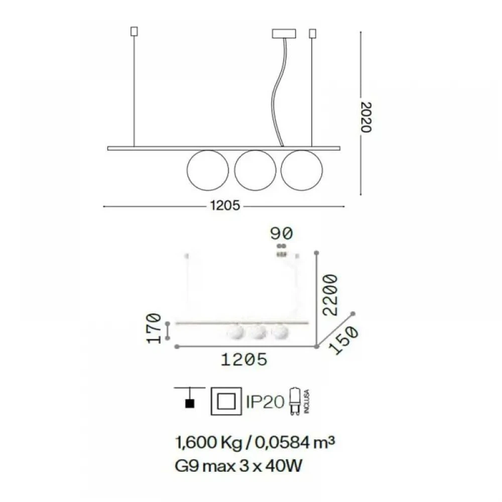 Τρίφωτο Φωτιστικό Οροφής Ράγα Μεταλλικό Μαύρο 120,5 Εκ. Perline Sp3 IDEAL LUX
