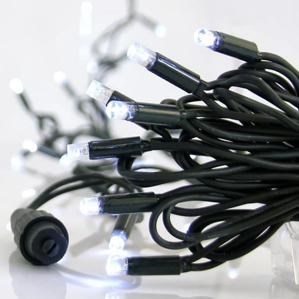 100 LED Σε Σειρά Με Καπάκια Και 3 Επέκτάσεις Ως 9 Σετ, Καουτσούκ Πράσινο Καλώδιο Αδιάβροχα IP67 - Λευκό