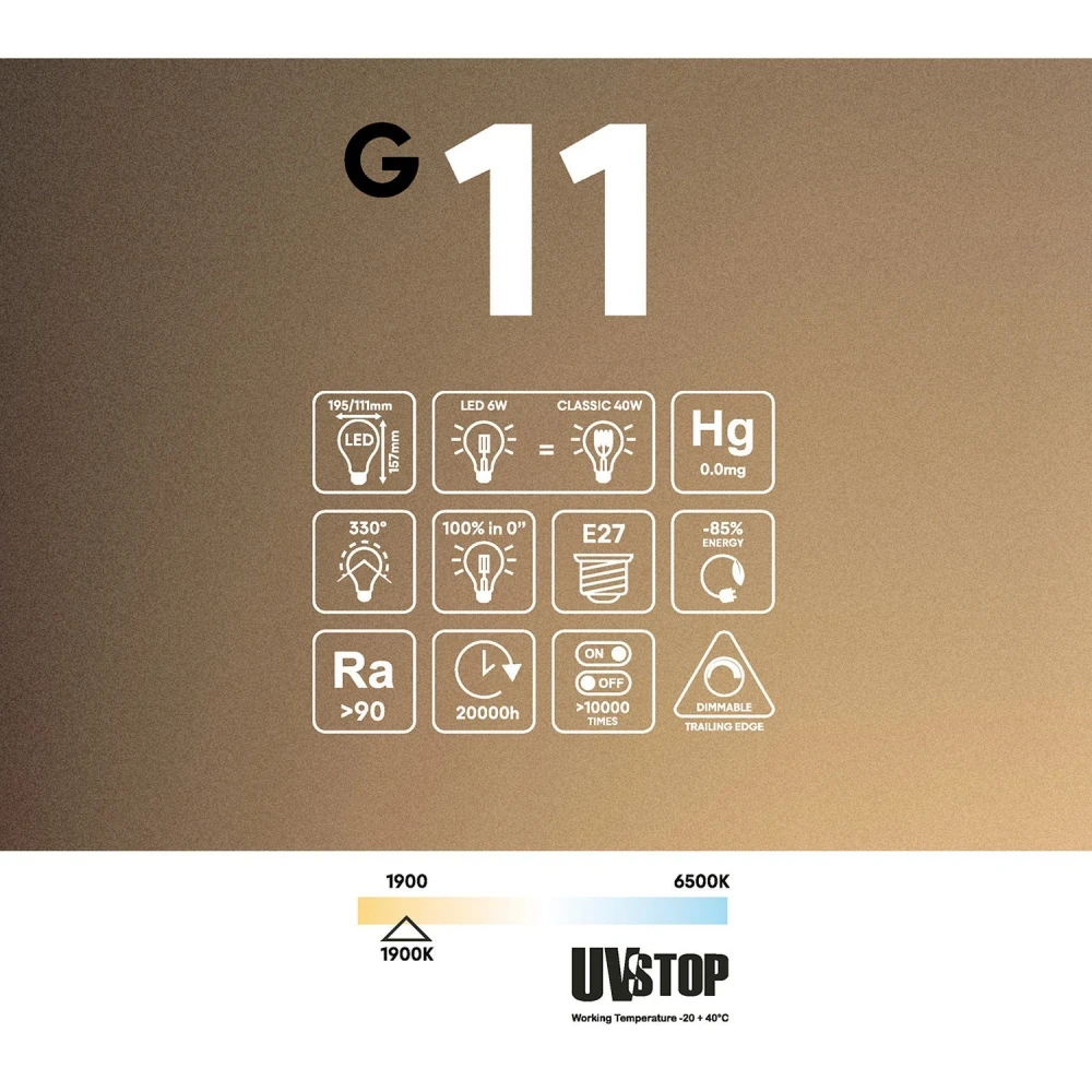 LED Λαμπτήρας Φιμέ G11 σειρά Ghost Κώνος 6W 400Lm E27 1900K Dimmable