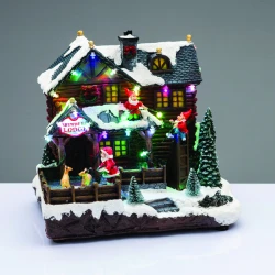 Χριστουγεννιάτικο Διακοσμητικό Επιτραπέζιο Με Εναλλαγή Φωτισμού & Μουσική Led Snowy Reindeer Lodge 24,5x19,5x24,5cm Με Μπαταρίες Multi Aca