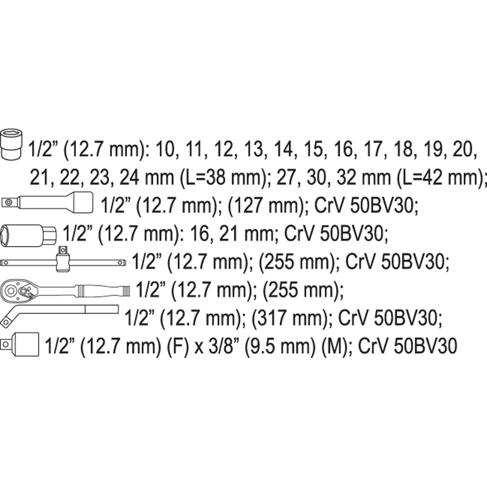 ΚΑΡΥΔΑΚΙΑ  ΣΕΤ ΚΑΣΤ CrV 1/2” - 25 ΤΜΧ YT-38741