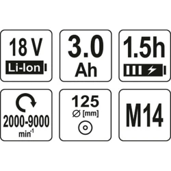 ΓΩΝΙΑΚΟΣ ΤΡΟΧΟΣ18V 125mm SET 1X3Ah BRUSHLESS YT-82829