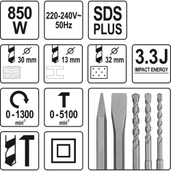 ΠΙΣΤΟΛΕΤΟ SDS PLUS 850W/+ ΤΣΟΚ 3,3J YT-82122