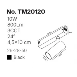 Inlight Φωτιστικό spot LED 10W, 3CCT, 24° για μαγνητική ράγα 220V, σε μαύρη απόχρωση D:4,5x10cm (TM20120)