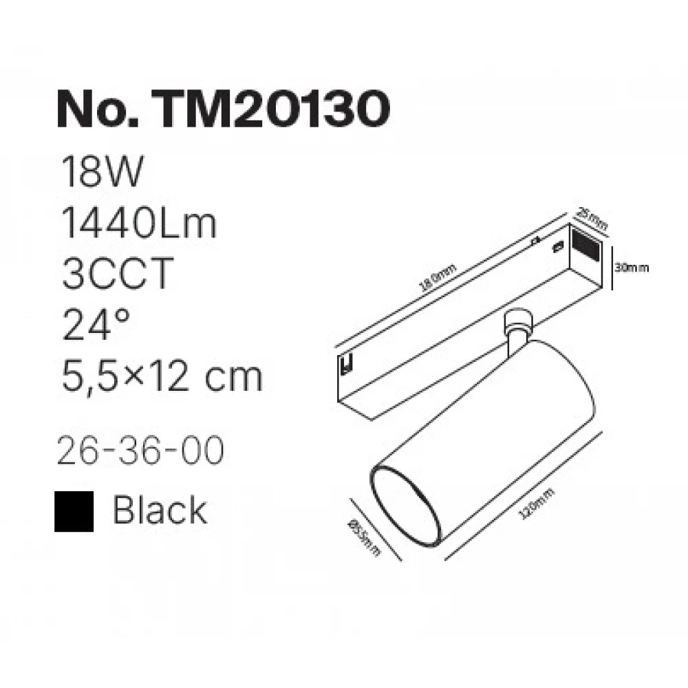 Inlight Φωτιστικό spot LED 18W, 3CCT, 24° για μαγνητική ράγα 220V, σε μαύρη απόχρωση D:5,5x12cm (TM20130)