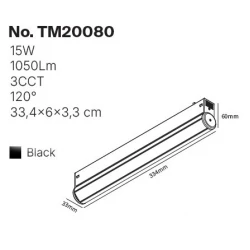 Inlight Γραμμικό Φωτιστικό LED 15W  3CCT 120°,για Μαγνητική Ράγα 220V  σε μαύρη απόχρωση D: 33,4x6x3,3cm (TM20080)
