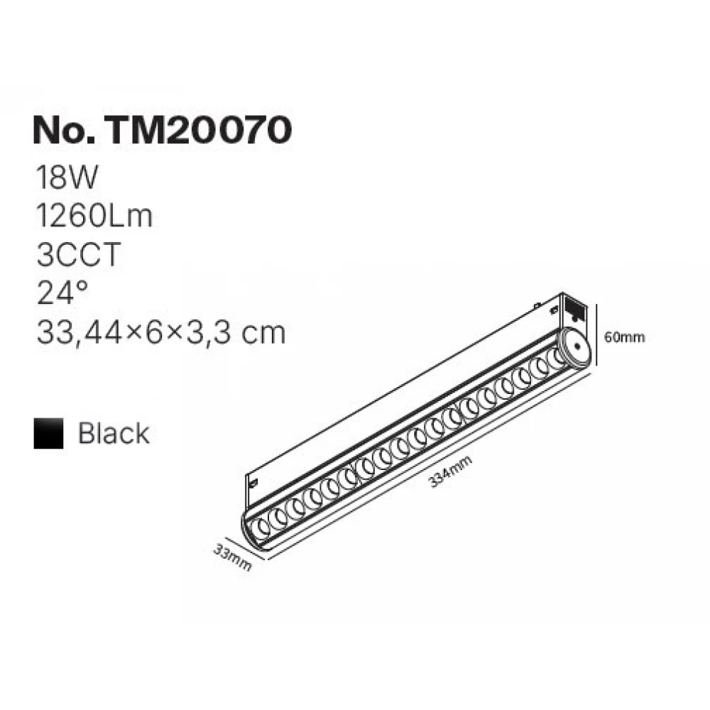 Inlight Γραμμικό Φωτιστικό LED 18W με Anti-glare Dots 3CCT 24° για μαγνητική Ράγα 220V  σε μαύρη απόχρωση D: 33,4x6x3,3cm (TM20070)