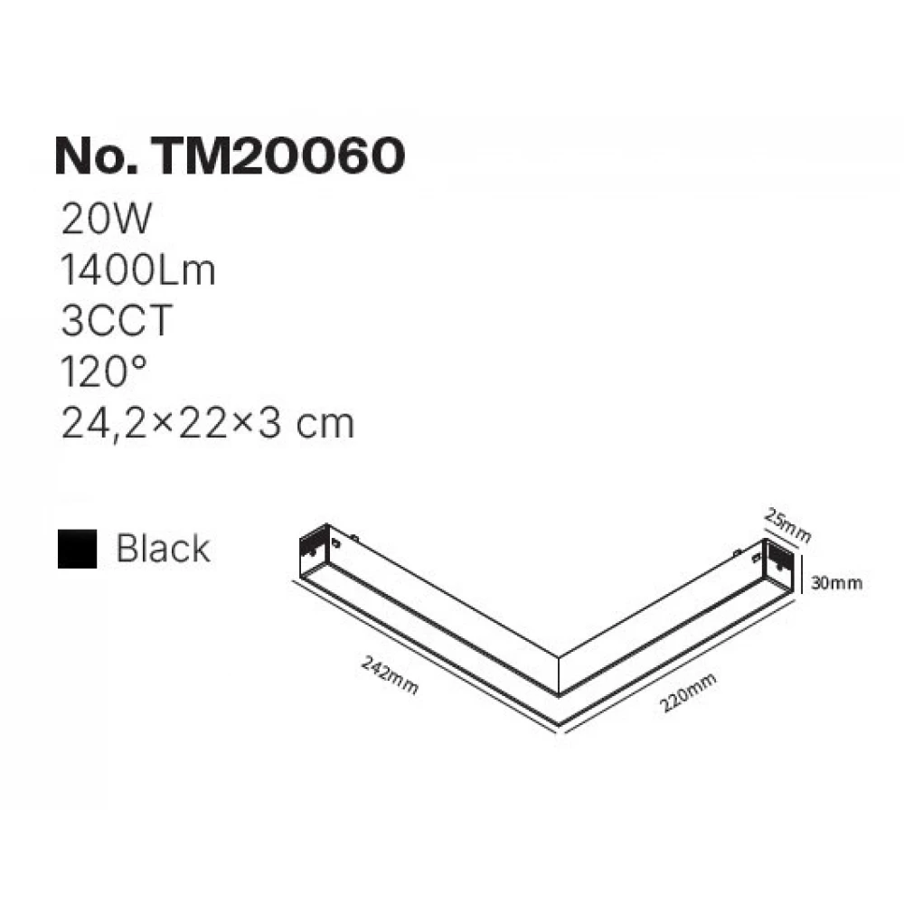 Inlight Γωνιακό γραμμικό φωτιστικό LED 20W, 3CCT, 120° για μαγνητική ράγα 220V, σε μαύρη απόχρωση D:24,2x22x3cm (TM20060)