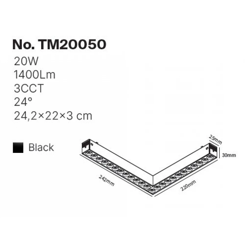 Inlight Γωνιακό γραμμικό φωτιστικό LED 20W,με Anti-glare Dots 3CCT, 120° για μαγνητική ράγα 220V, σε μαύρη απόχρωση D:24,2x22x3cm (TM20050)