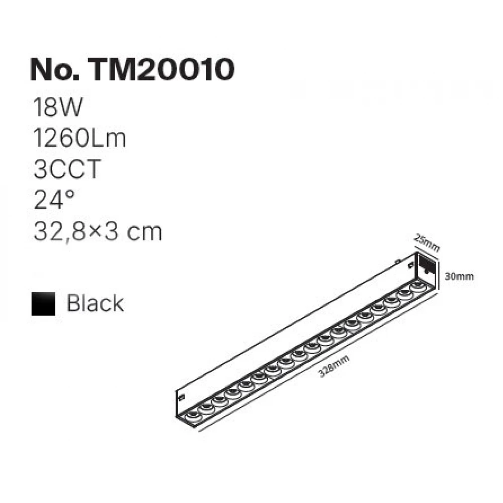 Inlight Γραμμικό Φωτιστικό LED 18W με Anti-glare Dots 3CCT 24° για μαγνητική Ράγα 220V  σε μαύρη απόχρωση D: 32,8x3cm (TM20010)