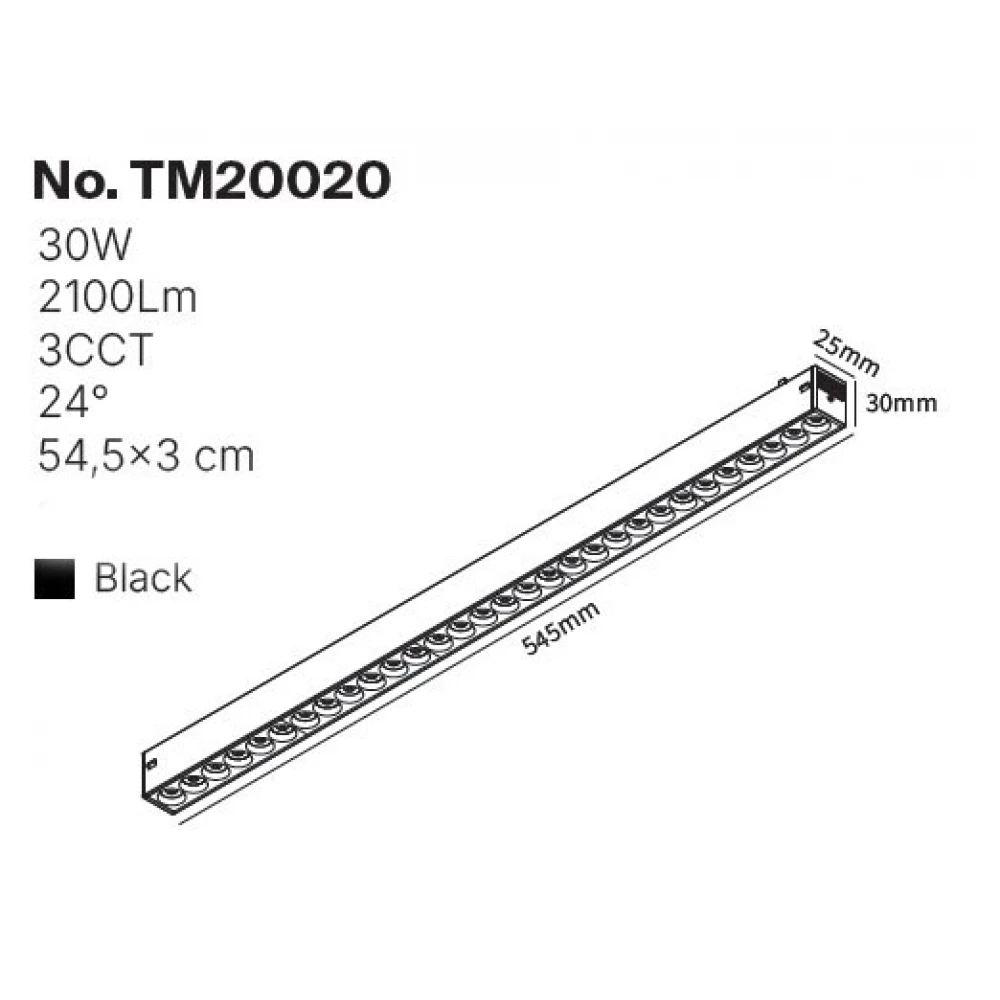 Inlight Γραμμικό Φωτιστικό LED 30W με Anti-glare Dots 3CCT 24° για μαγνητική Ράγα 220V  σε μαύρη απόχρωση D: 54,5x3cm (TM20020)