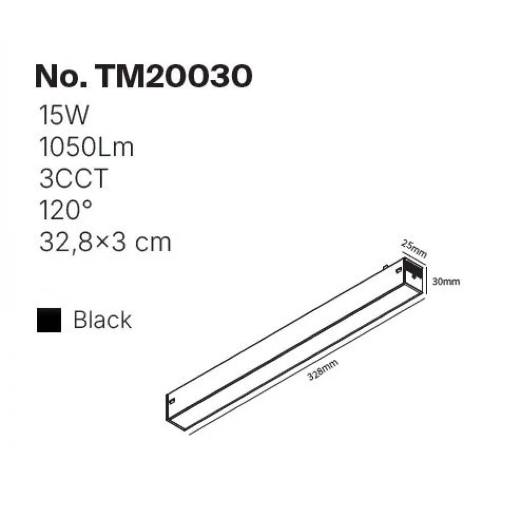 Inlight Γραμμικό Φωτιστικό LED 15W 3CCT 120° για μαγνητική Ράγα 220V  σε μαύρη απόχρωση D: 32,8x3cm (TM20030)