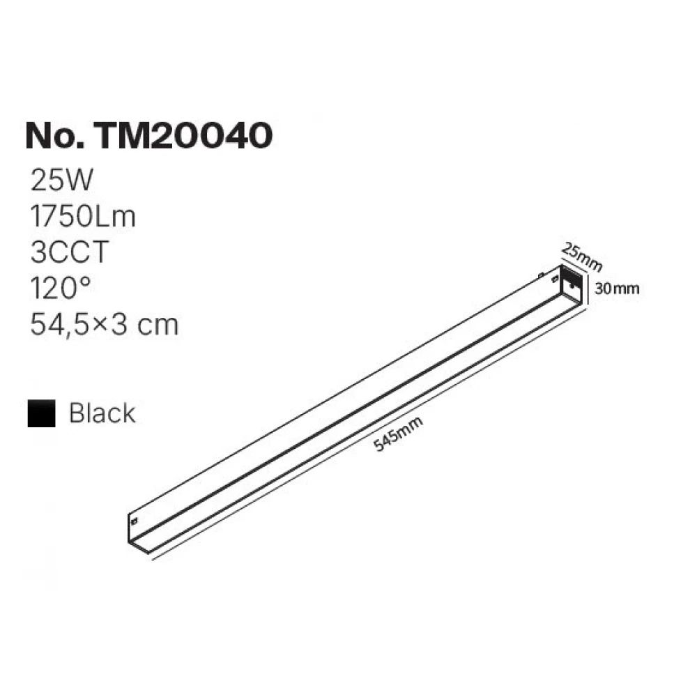 Inlight Γραμμικό Φωτιστικό LED 25W 3CCT 120° για μαγνητική Ράγα 220V  σε μαύρη απόχρωση D: 54,5x3cm (TM20040)