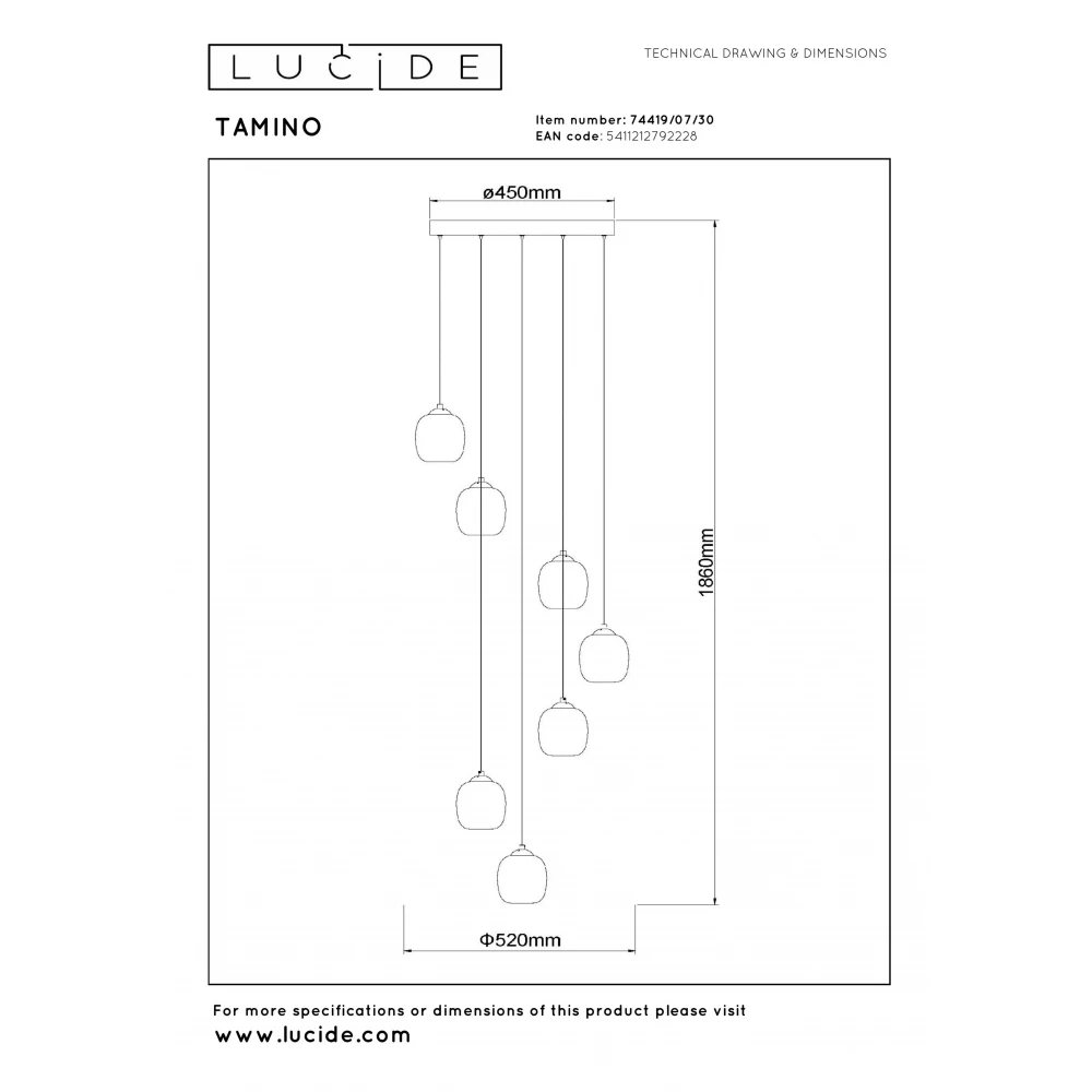 Κρεμαστό φωτιστικό 7x5,3W 3000K Ø52cm Μαύρο TAMINO Lucide