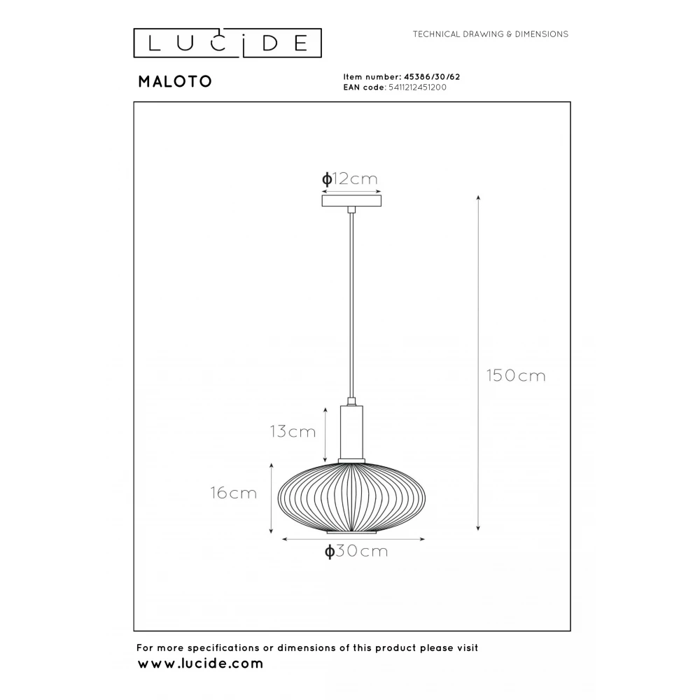 LED Κρεμαστό Φωτιστικό Μονόφωτο Ø30cm 1xE27 Μελί MALOTO Lucide