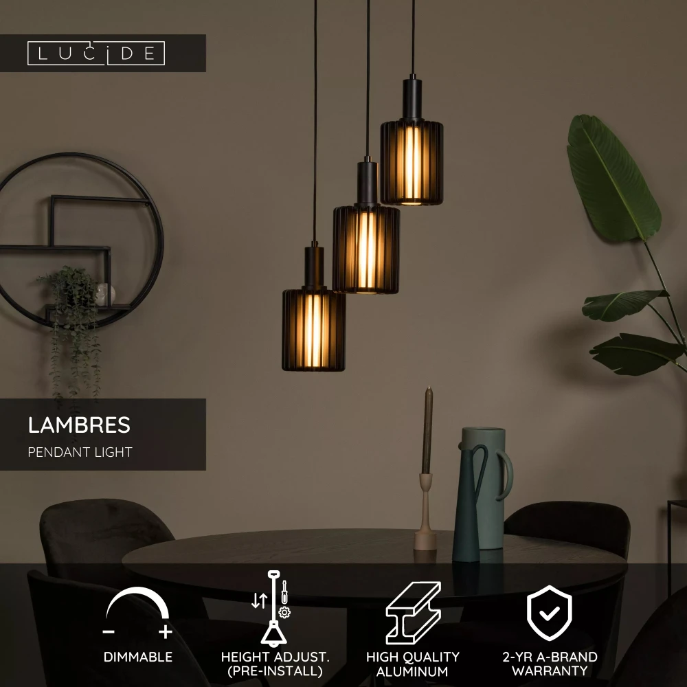 Κρεμαστό Φωτιστικό 3xE27 Μαύρο LAMBRES Lucide