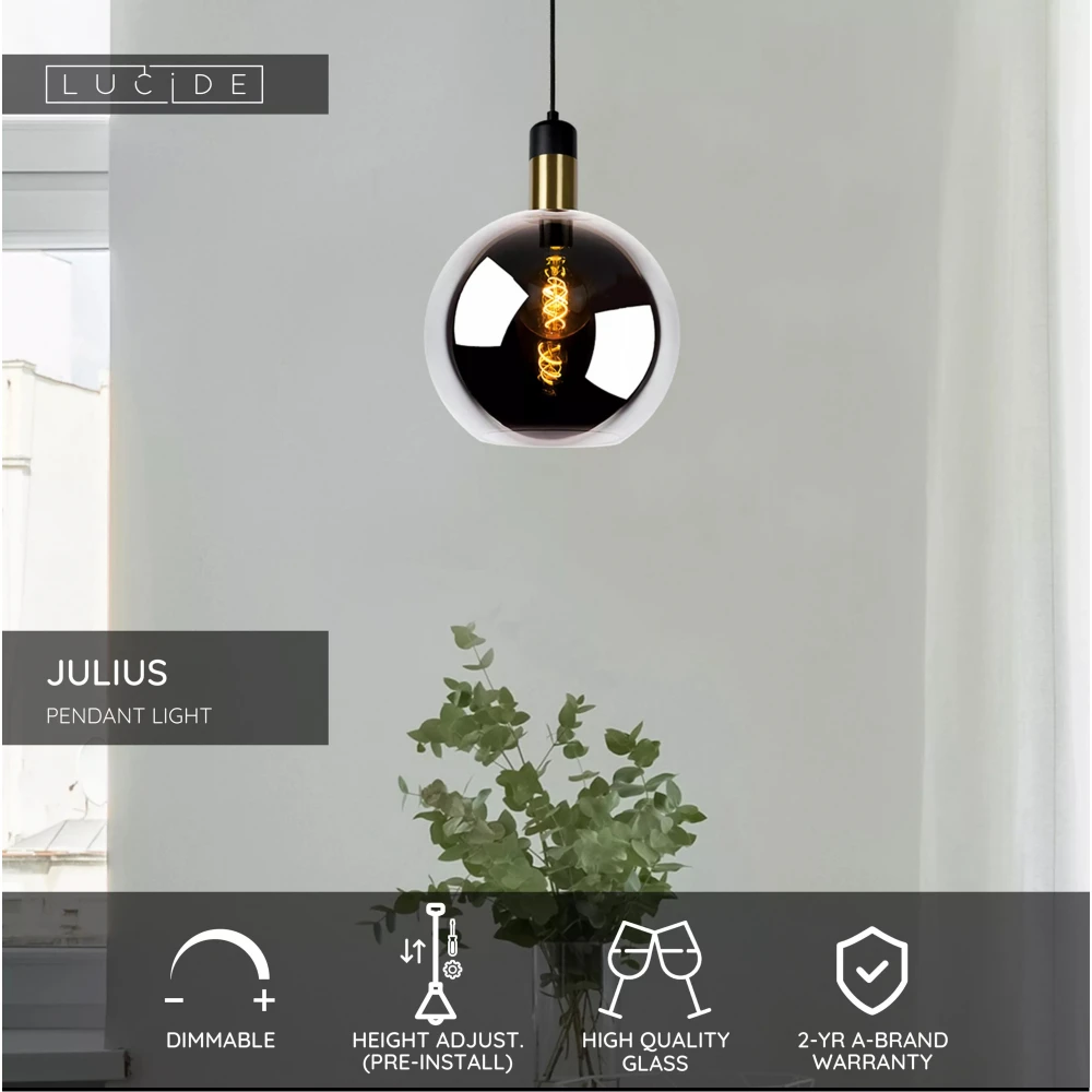 LED Κρεμαστό Φωτιστικό Μονόφωτο Φυμέ Γκρι Ø28cm 1xE27 JULIUS Lucide