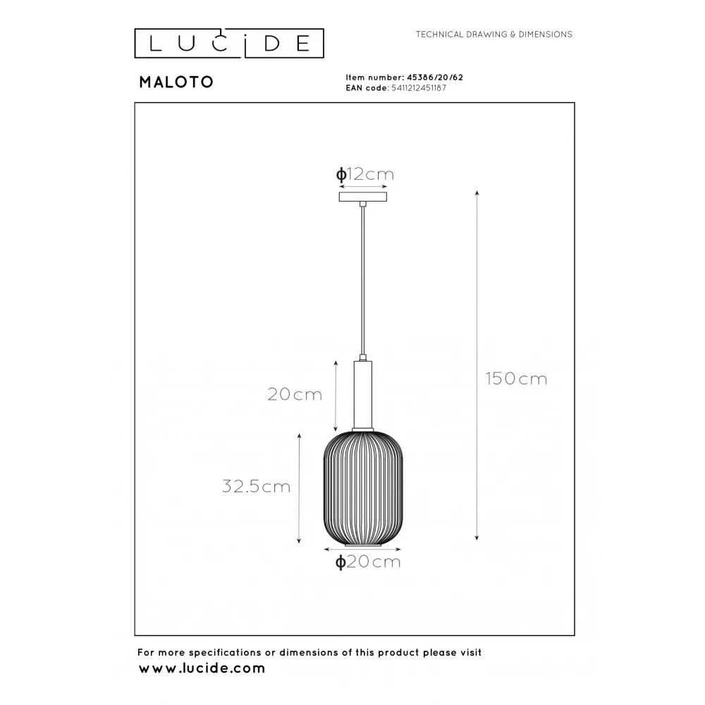 LED Κρεμαστό Φωτιστικό Μονόφωτο Ø20cm 1xE27 Μελί MALOTO Lucide