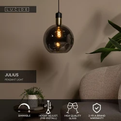 LED Κρεμαστό Φωτιστικό Μονόφωτο Φυμέ Γκρι Ø40cm 1xE27 JULIUS Lucide