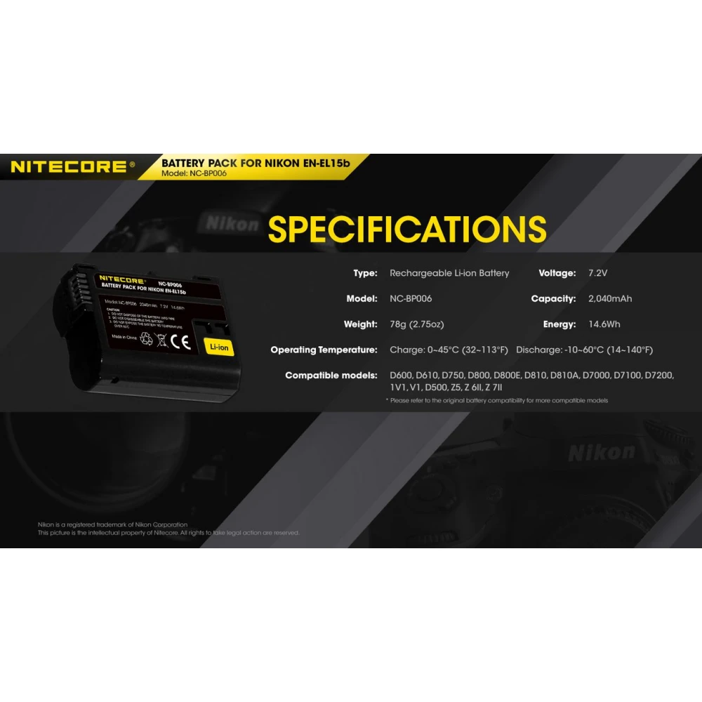 ΜΠΑΤΑΡΙΑ NITECORE for Nikon EN-EL15b, 7.2V , 2040mAh, 14.6Wh