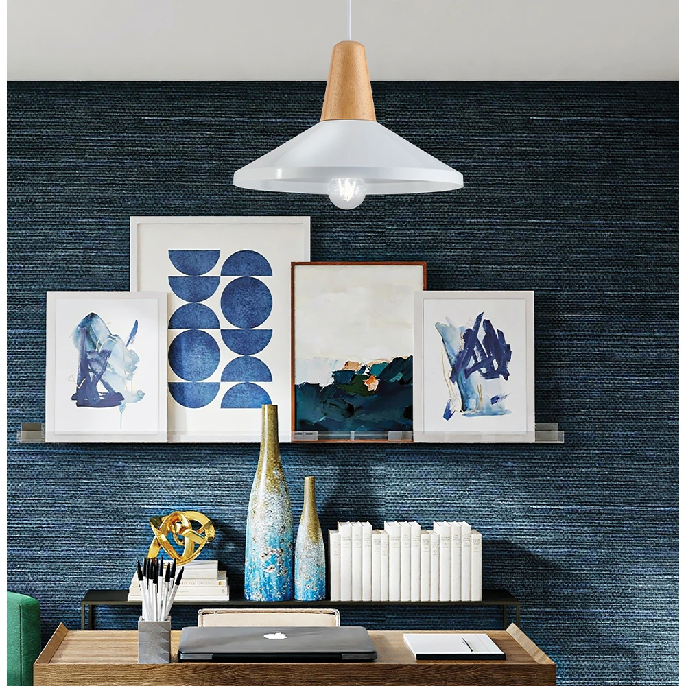 Κρεμαστό Φωτιστικό Μονόφωτο Μεταλλικό Λευκό με Ξύλινη Λεπτομέρεια 1x E27 Tom VIOKEF