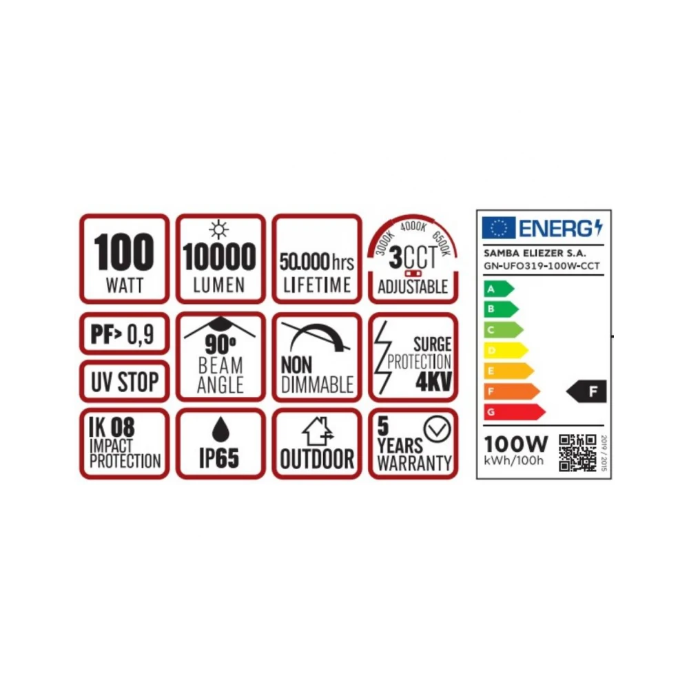 KAΜΠΑΝΑ LED SMD PROFESSIONAL 100W 3CCT(3000/4000/6500K) 100-300V 10000lm 90° IP65 ΑΝΘΡΑΚΙ UNIVERSE