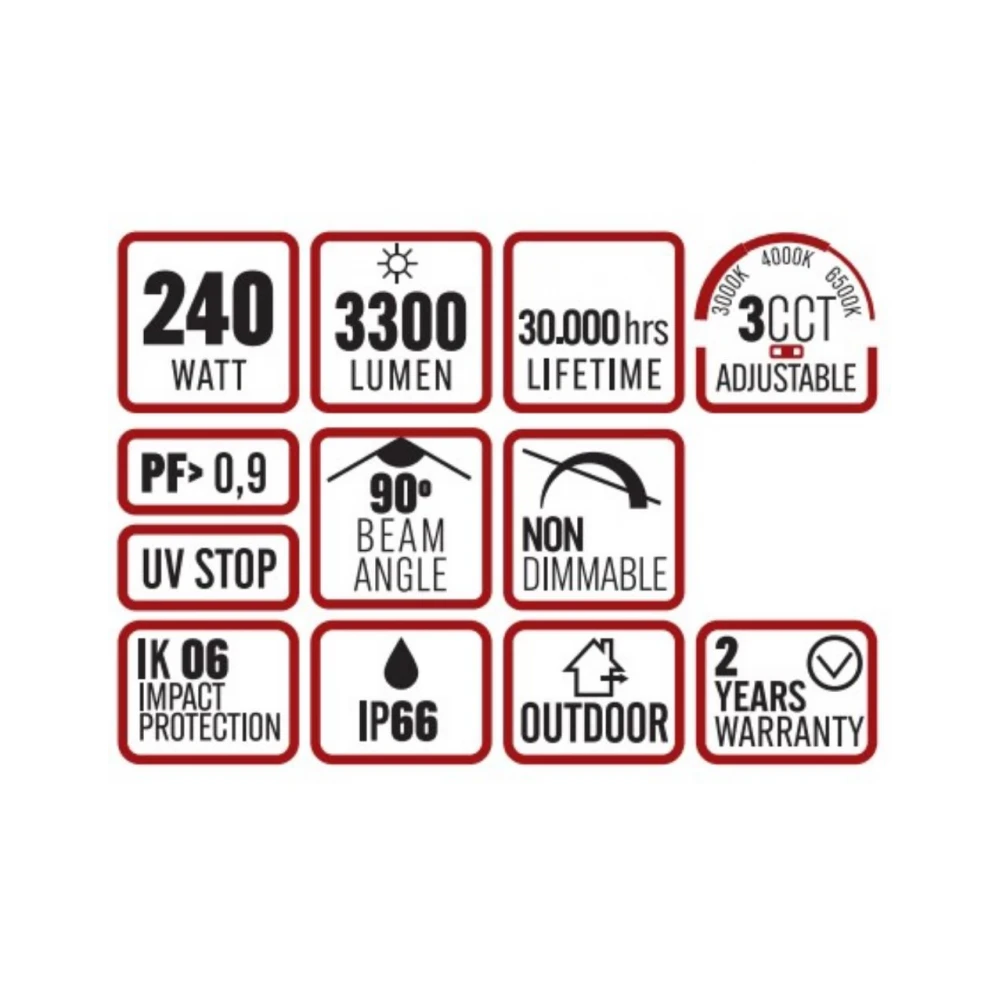 ΠΡΟΒΟΛΕΑΣ LED ME ΗΛΙΑΚΟ ΠΑΝΕΛ SMD PROFESSIONAL 240W 3CCT(3000/4000/6500K) 3300lm 90° IP65 ΑΝΘΡΑΚΙ UNIVERSE