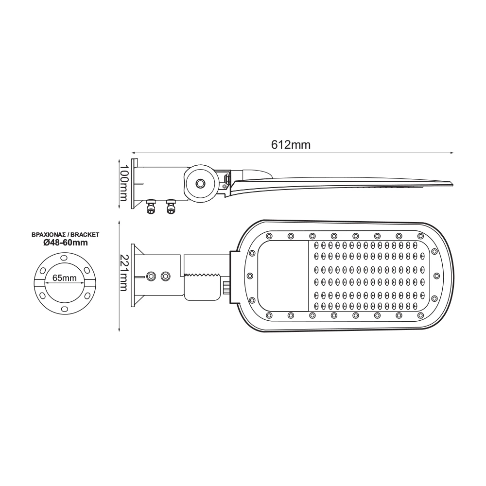 LED STREET LUMINAIRE 100W 12000LM 2200K 140x90˚ CLASS I 230V AC IP66 ACA