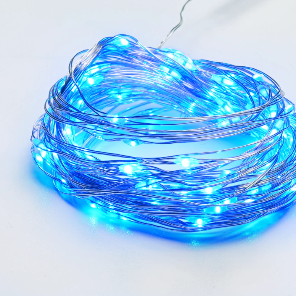 Λαμπάκια Σειρά 100 LED Χρονοδιακόπτης Μπλε Φωτισμό, Ασημί Καλώδιο Χάλκινο Μπαταρίας 3xAA IP44 10μ και 10cm