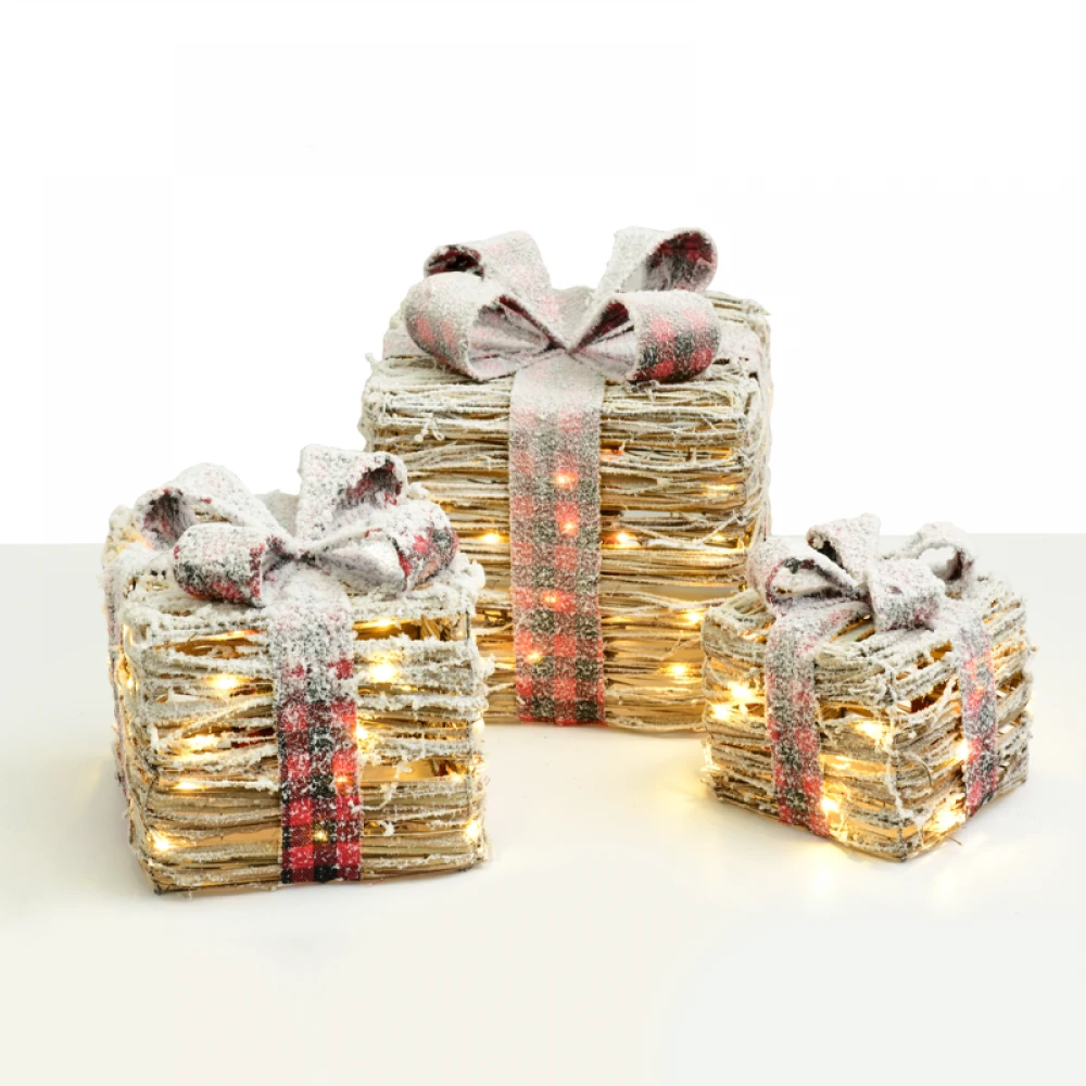 SET "RATTAN GIFT BOX, RED&BLACK BOW " 90(20+30+40) WW MINI LED ΛΑΜΠΑΚΙΑ ΜΠΑΤΑΡΙΑΣ 3*3ΑΑ IP20 18,24,30CM