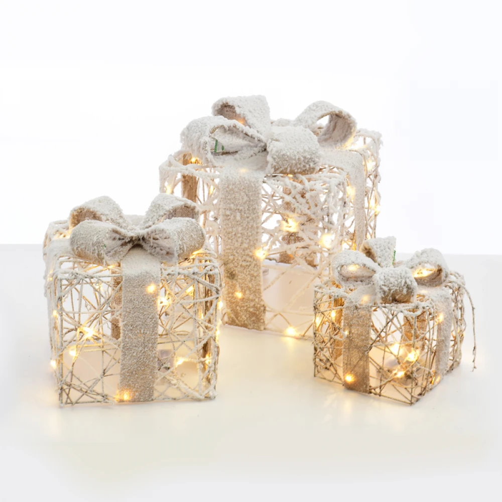 SET "RATTAN GIFT BOX, NATURAL BURLAP BOW" 90(20+30+40) WW MINI LED ΛΑΜΠΑΚΙΑ ΜΠΑΤΑΡΙΑΣ 3*3ΑΑ IP20 18,24,30CM